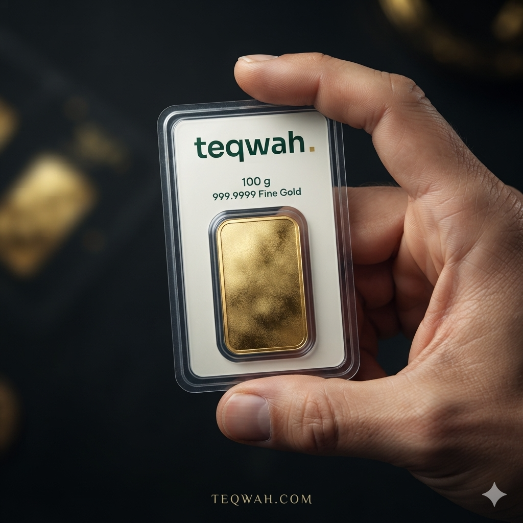 Teqwah 100 gram 999.9999 fine gold bullion bar in a protective sleeve with card insert, held in hand