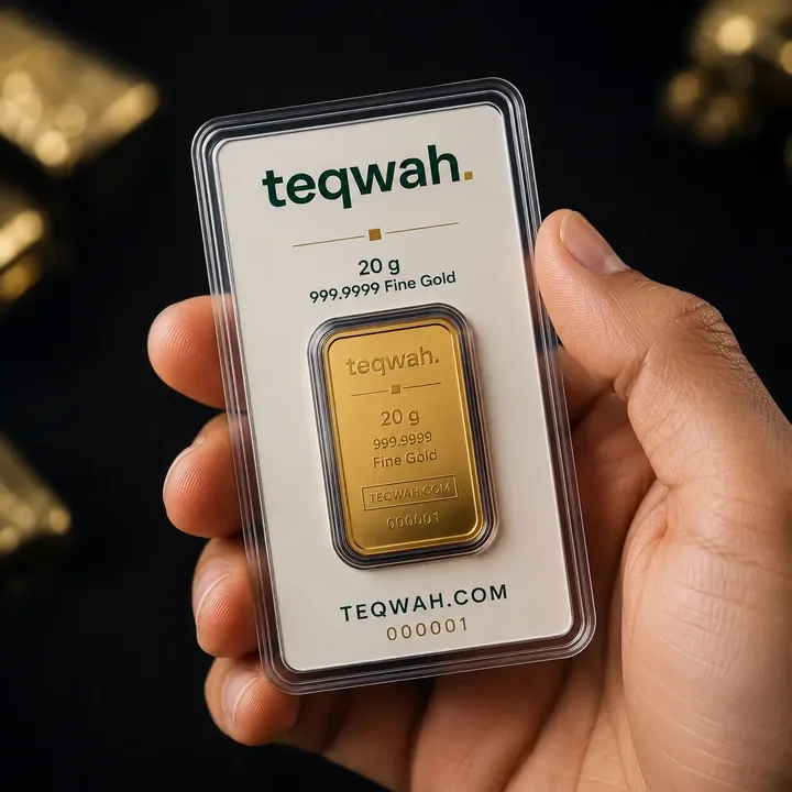 Teqwah 20 g gold bar in its certified card