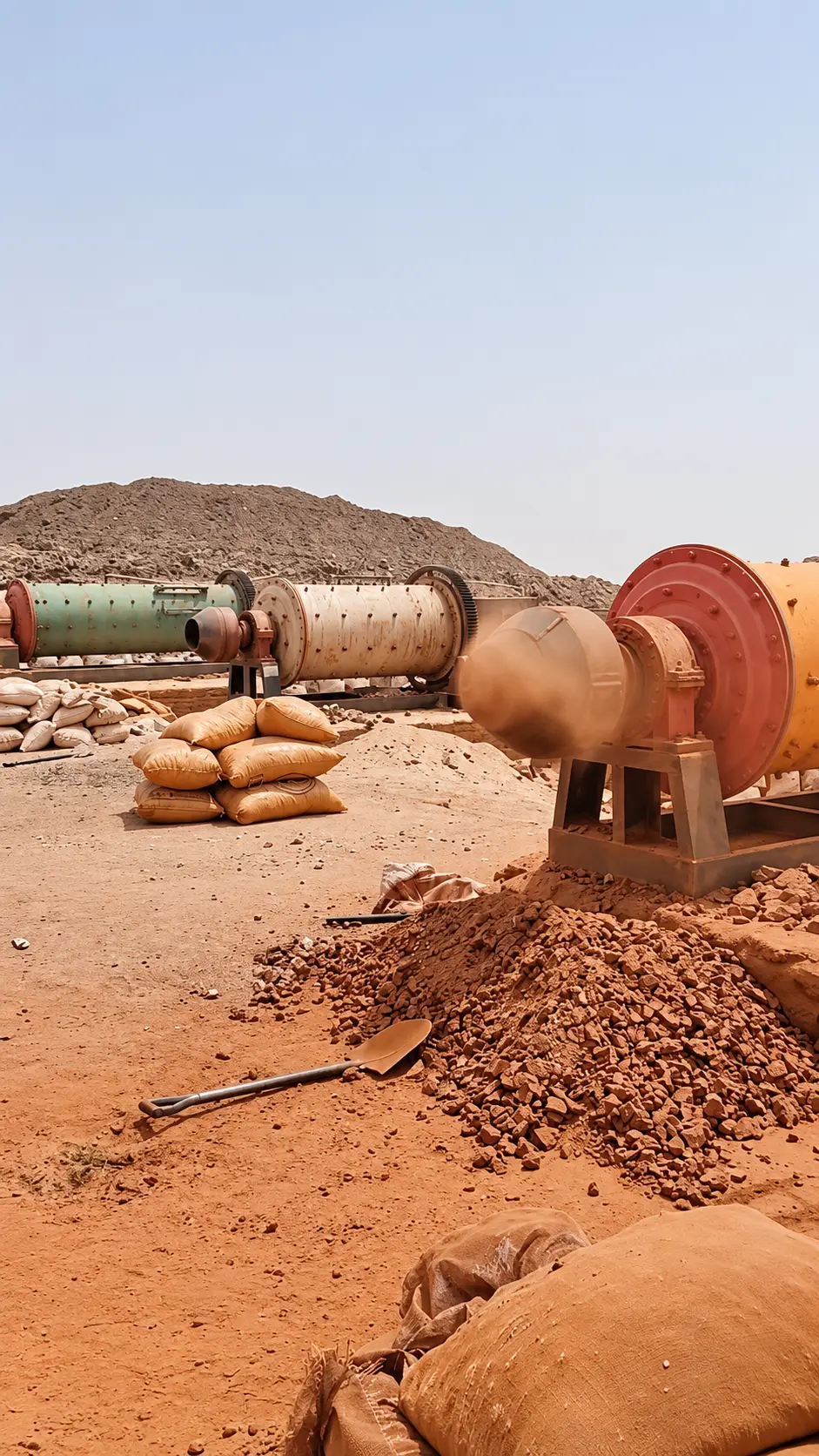 Row of ball mills beside stacked ore sacks and a crushed ore pile at a desert processing site