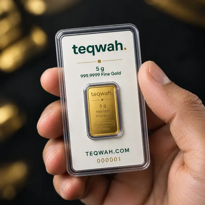 Teqwah 5 g gold bar in its certified card