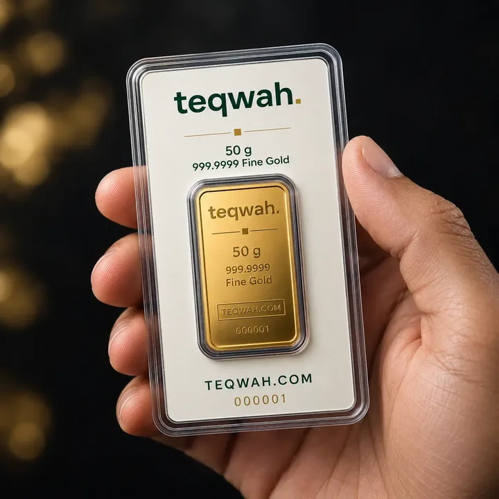 Teqwah 50 g gold bar in its certified card