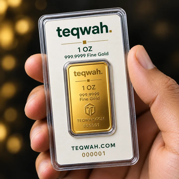 Teqwah 1 oz gold bar in its certified card