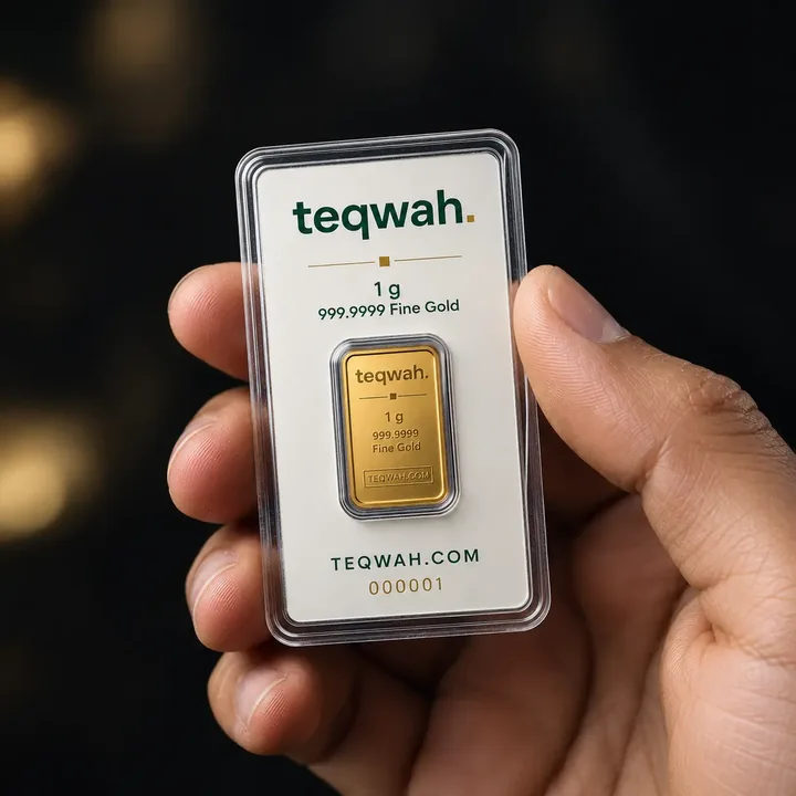 Teqwah 1 g gold bar in its certified card
