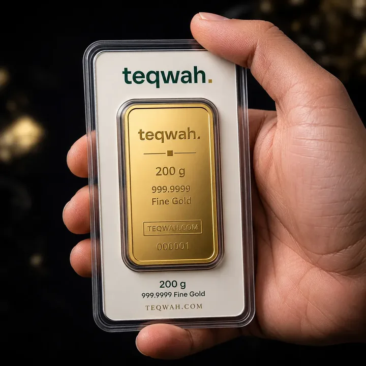 Teqwah 200 g gold bar in its certified card