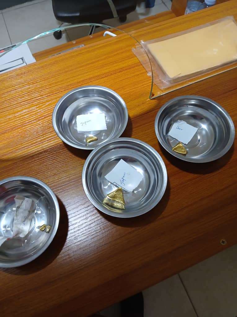 Assay table with labelled sample dishes each holding a gold doré button for grading